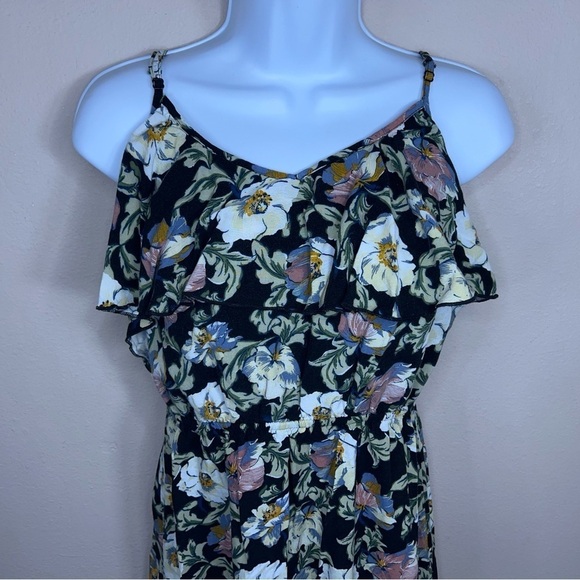 MEDIUM GREEN FLORAL RUFFLE DRESS SLEEVELESS CASUAL LACE UP BACK - Picture 3 of 10